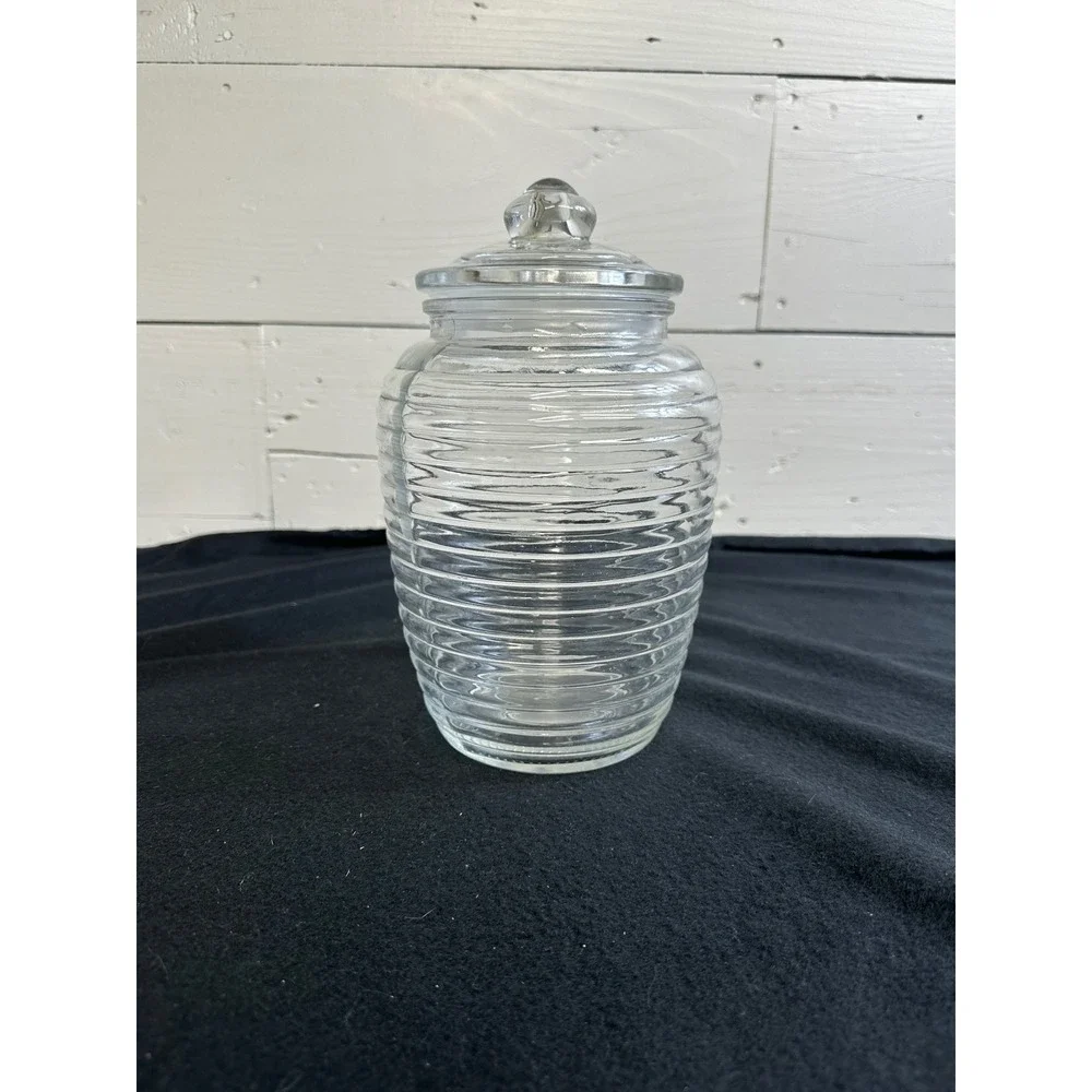 Vintage Clear Ribbed Glass Apothecary Jar Beehive Storage Canister with Lid